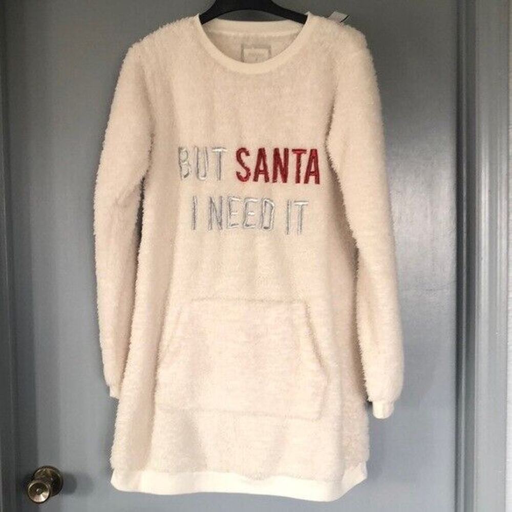 Peaches And Dreams M fleece Pullover white front pocket lounge Santa Christmas